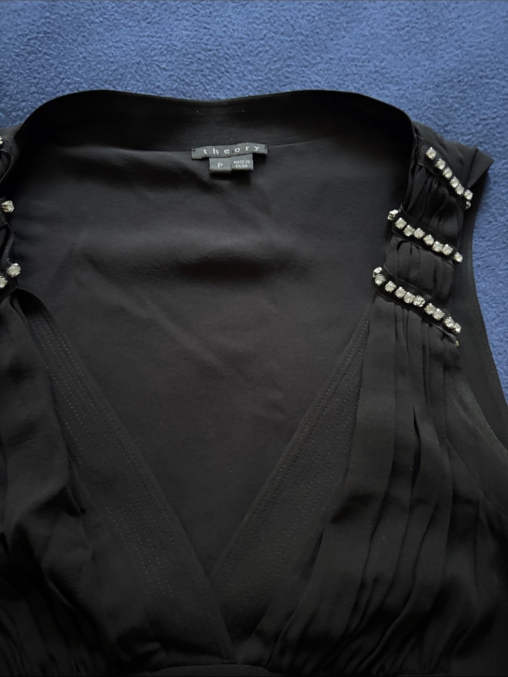 Theory Black V-Neck top with Crystal-Strap Details